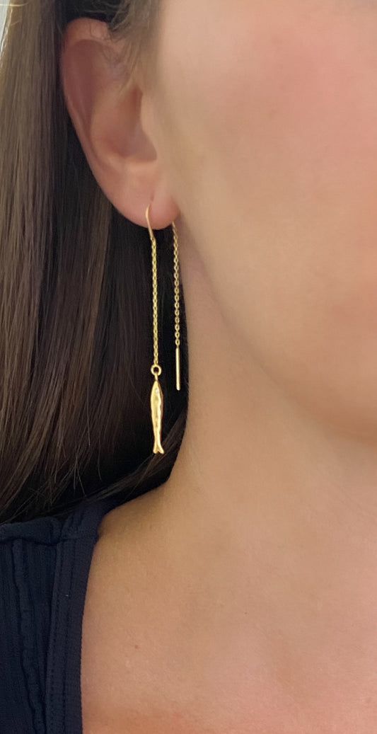 Gold earrings, Threader earrings, fish earrings, mini fish threader earrings, womens earrings, birthday gifts for her, gifts for women