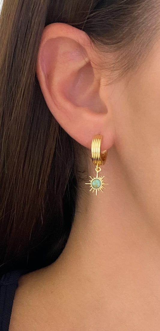 Earrings, Turquoise Sun pendant Small hoop earrings, gold earrings, sunburst earrings,dainty women, girls earrings, gifts for her, jewelry