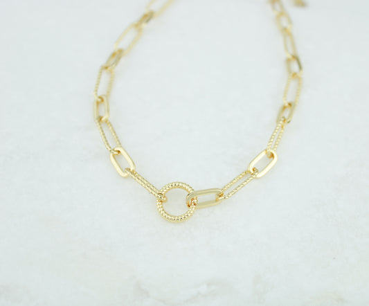 Charm Necklace Holder, 16K Gold paperclip chain necklace with openable Charm ring, Gold necklace, gift for her, new jewelry, textured link