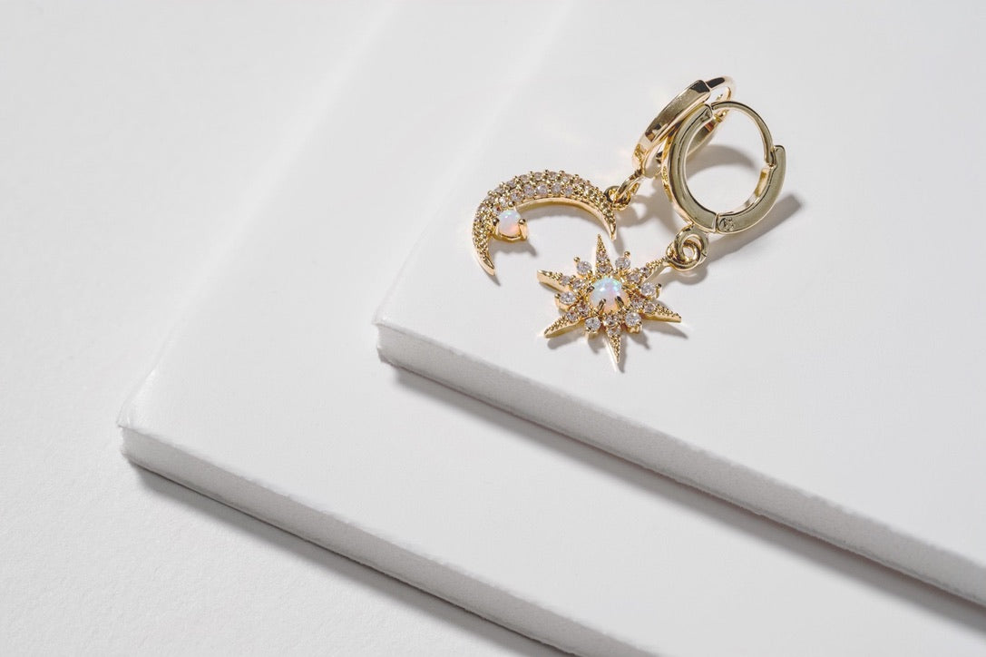 Opal Star and Moon Earrings