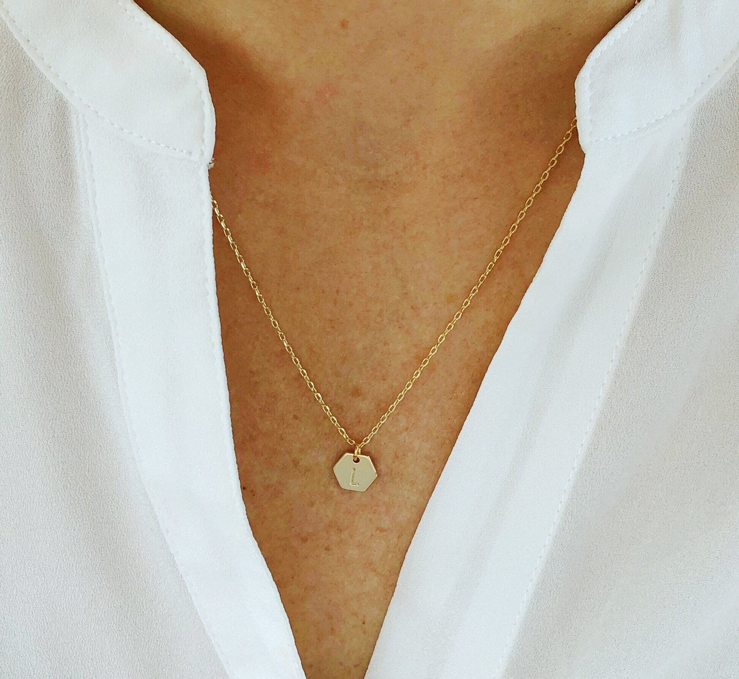Initial necklace, gold necklace, birthday gift for her, personalized jewelry, gifts for women, bridesmaid gifts, hexagon pendant necklace