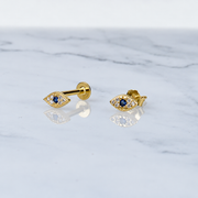 Evil Eye Stud Earrings,  14k gold sterling silver, Flat Back Earring, Screw in Tragus Earring, Cartilage Earring, Stud Earrings, PAIR of 2