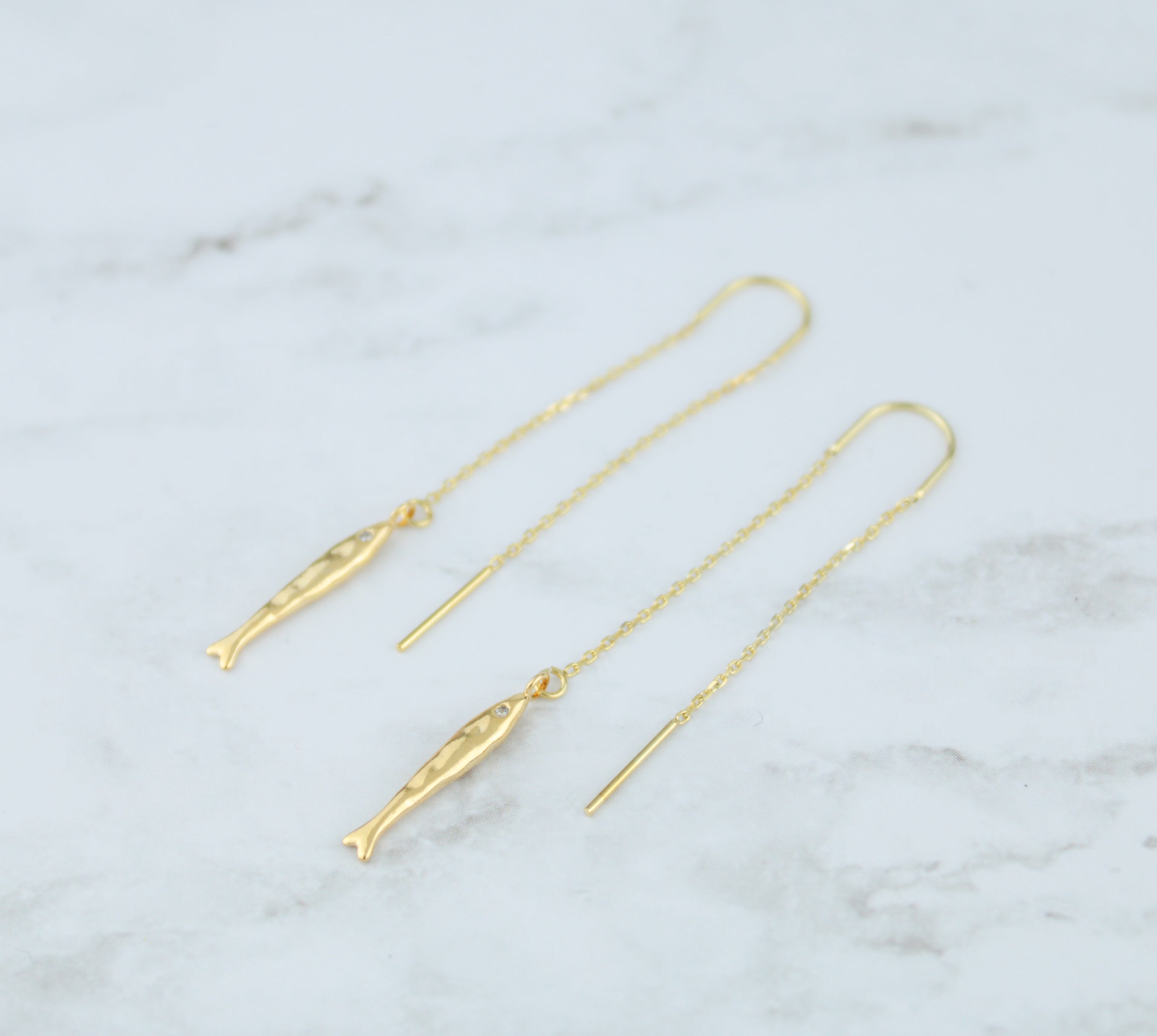 Gold earrings, Threader earrings, fish earrings, mini fish threader earrings, womens earrings, birthday gifts for her, gifts for women