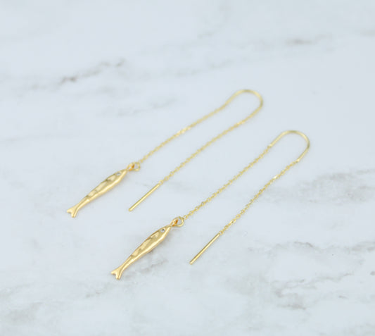 Gold earrings, Threader earrings, fish earrings, mini fish threader earrings, womens earrings, birthday gifts for her, gifts for women
