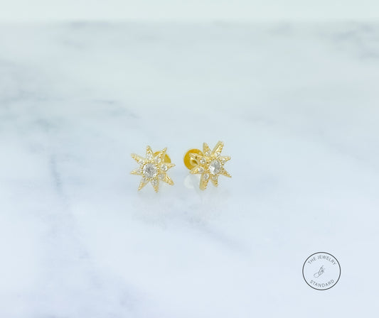 Flat Back Earring, Sun Screw in earring, Tragus Earring, Cartilage Earring, Gift for Her, 14k gold sterling silver, Stud Earrings, PAIR of 2