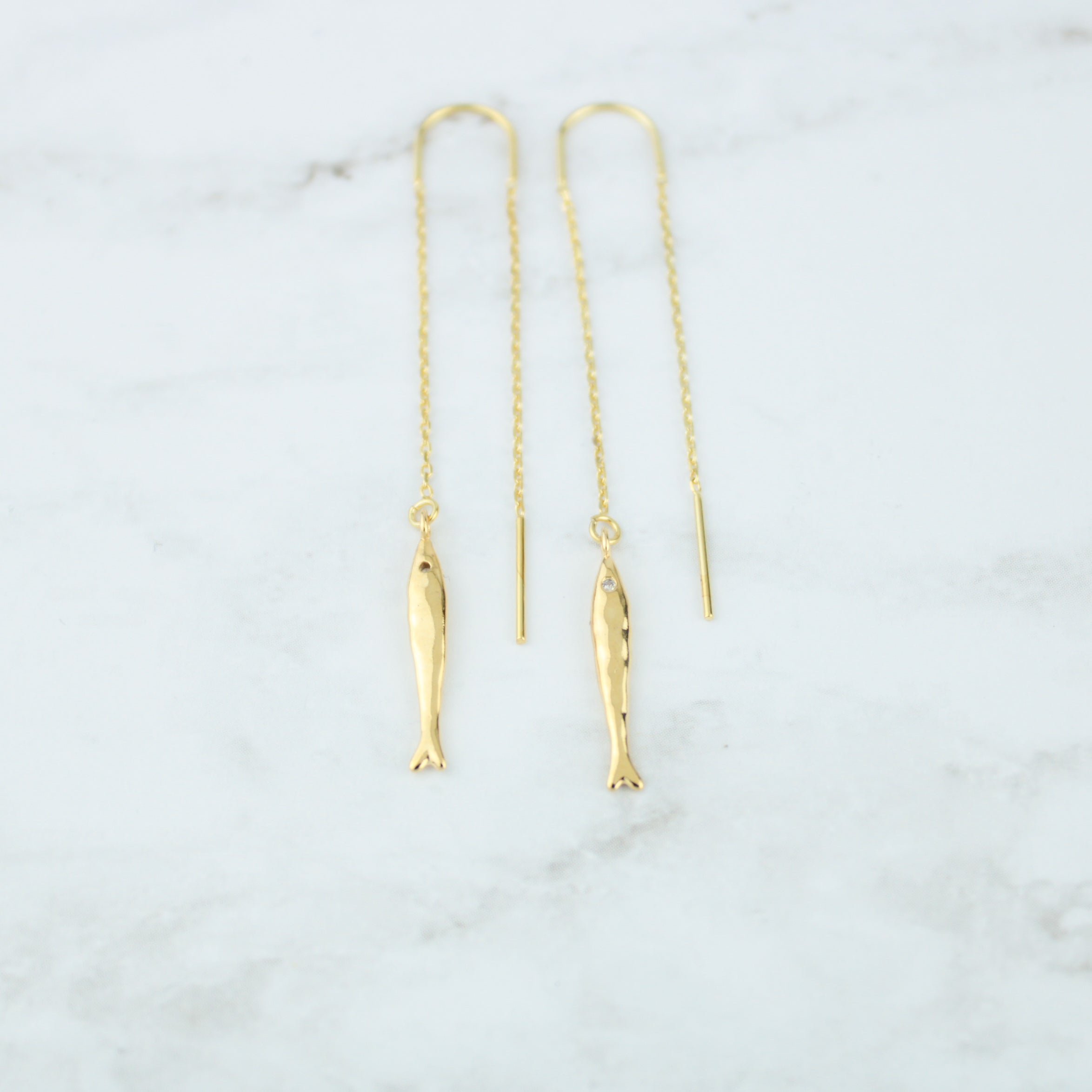 Gold earrings, Threader earrings, fish earrings, mini fish threader earrings, womens earrings, birthday gifts for her, gifts for women