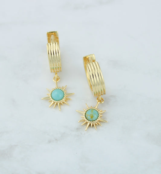 Earrings, Turquoise Sun pendant Small hoop earrings, gold earrings, sunburst earrings,dainty women, girls earrings, gifts for her, jewelry