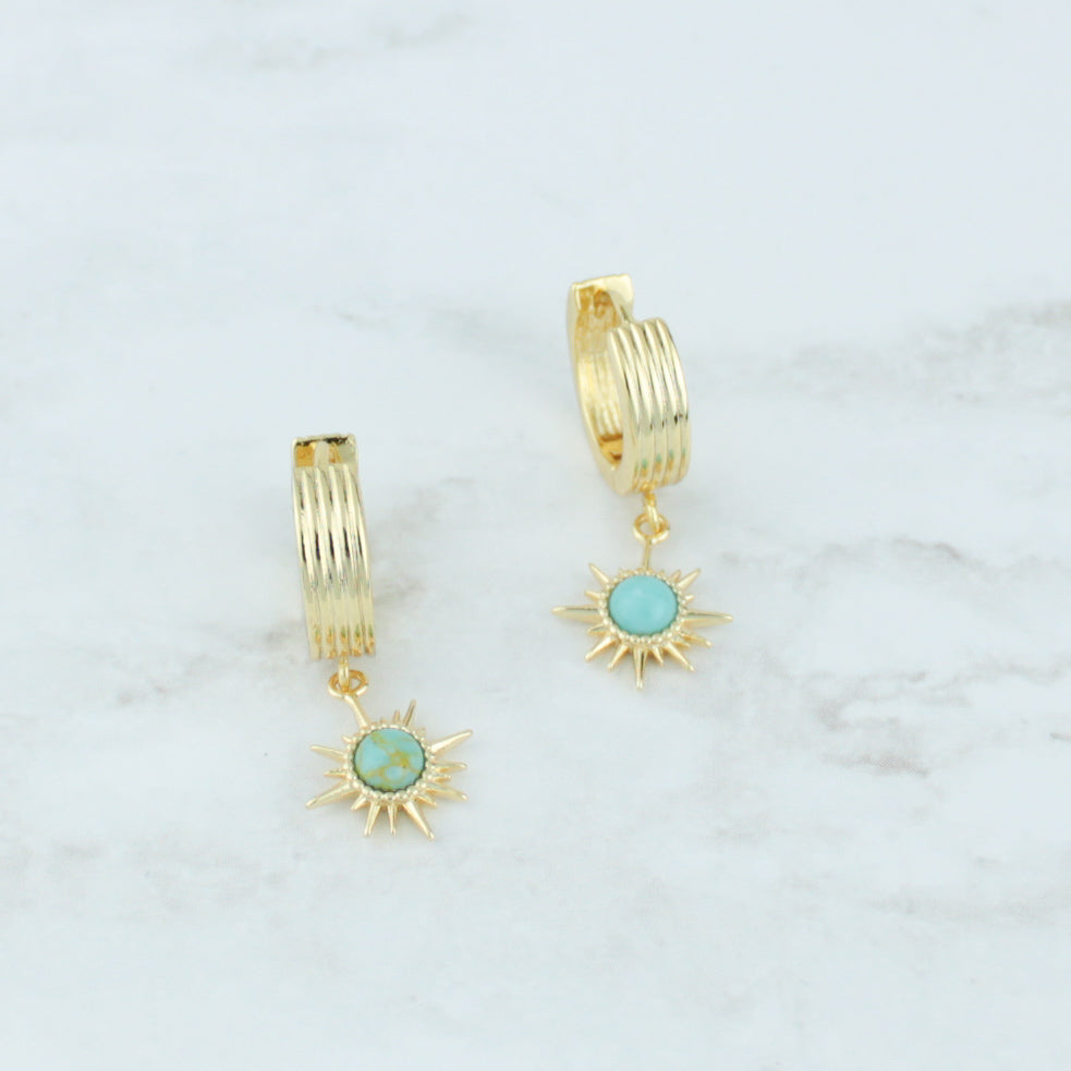 Earrings, Turquoise Sun pendant Small hoop earrings, gold earrings, sunburst earrings,dainty women, girls earrings, gifts for her, jewelry