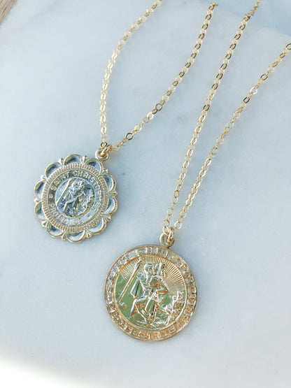 St christopher necklace, Gold filled necklace, coin necklace, dainty necklace, layering necklace, religious necklace, necklaces for women